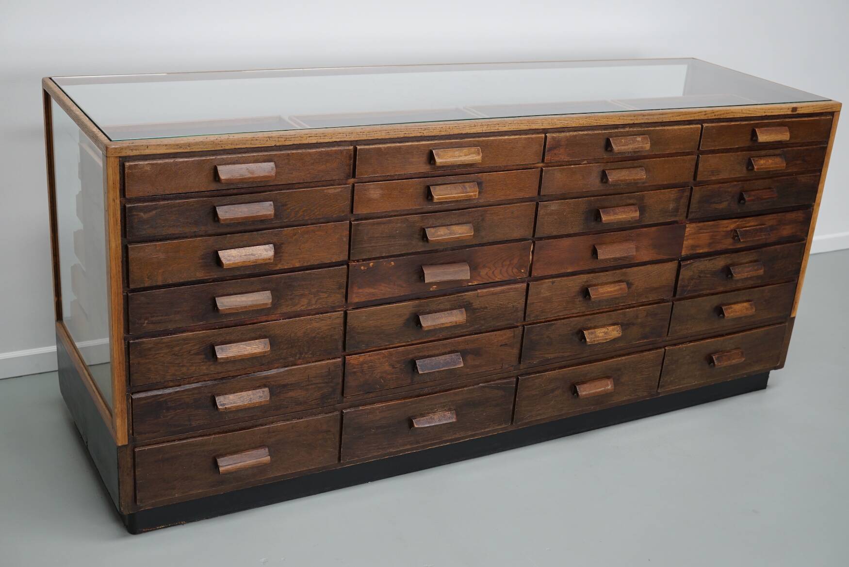 Vintage German Oak Glass Shop Counter Haberdashery Cabinet Vitrine, ca 1950