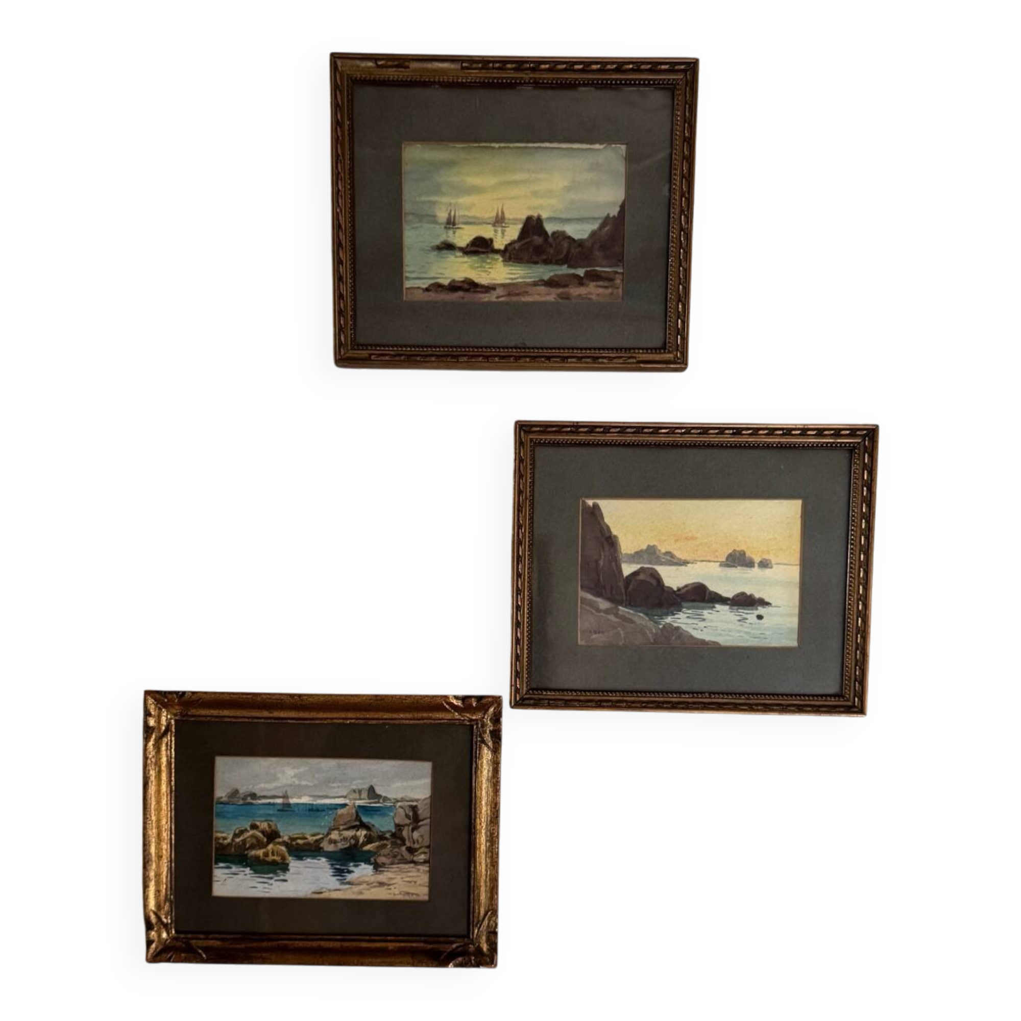 Watercolors on paper depicting rocky coasts 20th century by L. Roger