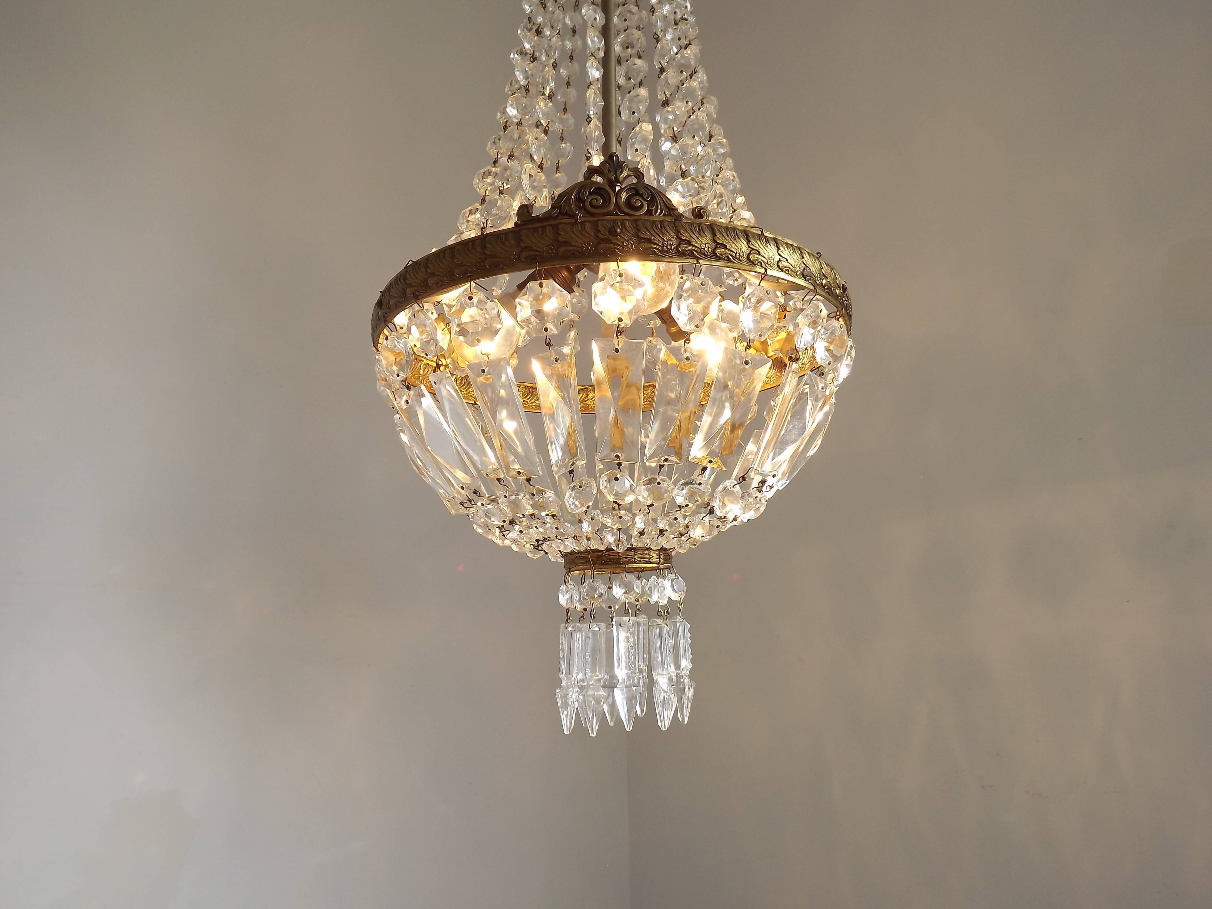 French Empire Style 3 Light Bronze Montgolfier Crystal Basket Chandelier