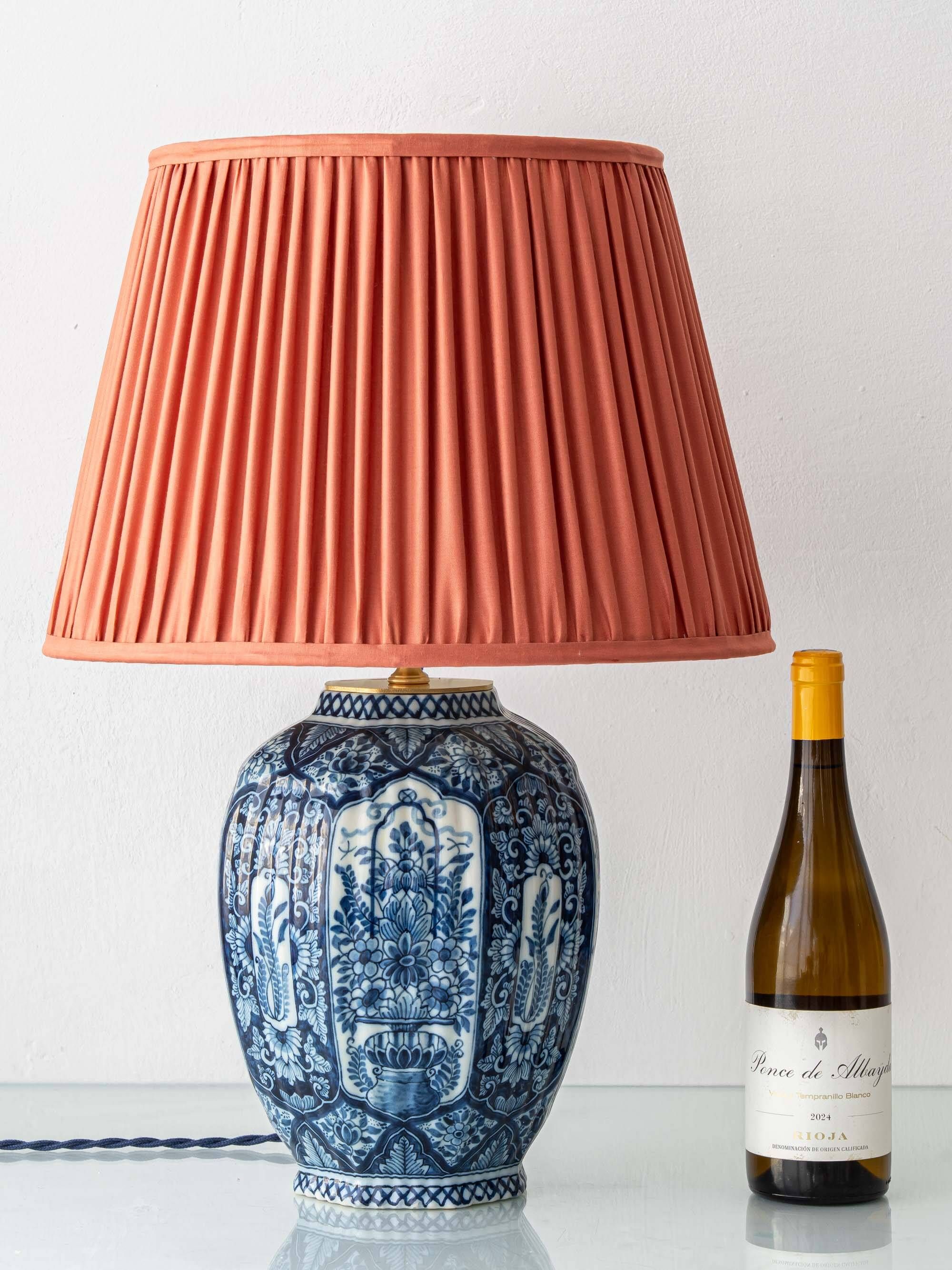 Dutch Chinoiserie Table Lamp, Blue and White Delft, by Makkum, with a New Coral Silk Shade