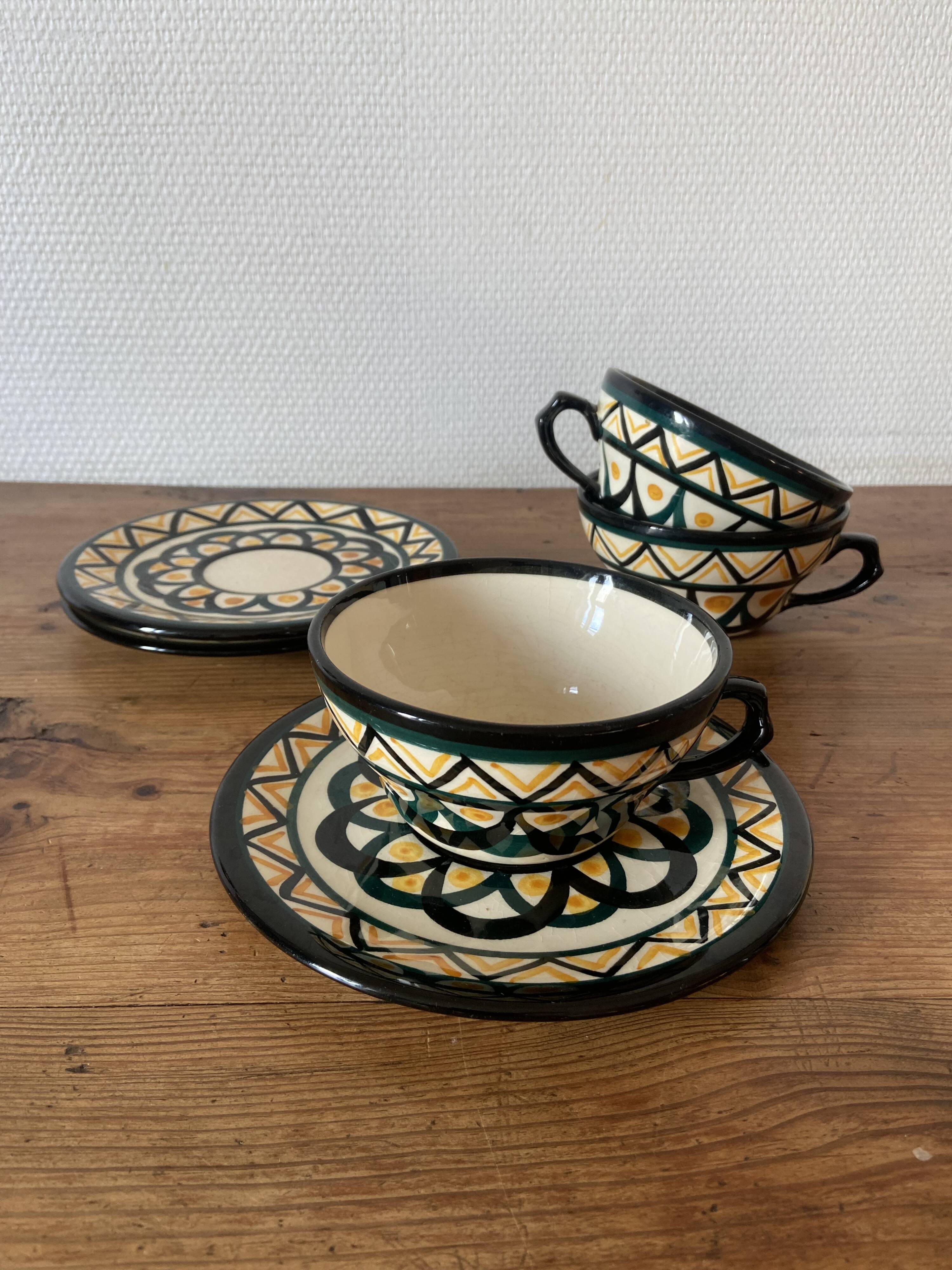 Set of 3 Breton earthenware cups & saucers