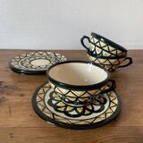 Set of 3 Breton earthenware cups & saucers