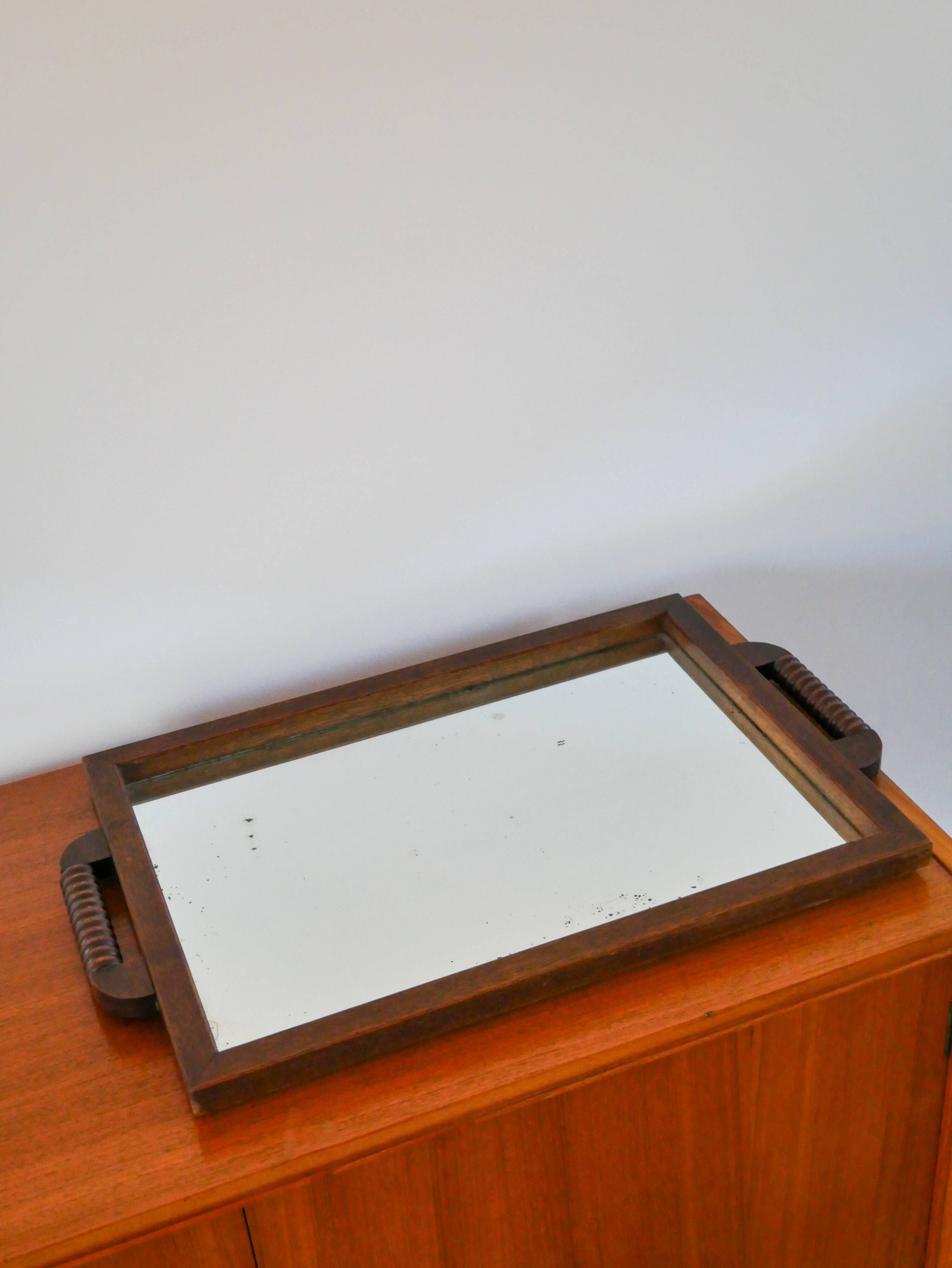 Large wooden mirror tray, turned wooden handles, 1940