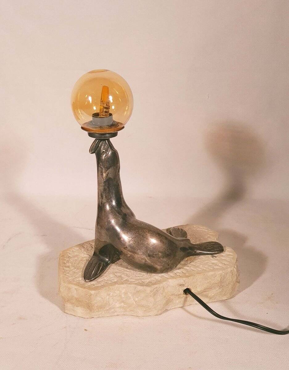 Art Deco "sea lion" lamp in silver-plated bronze