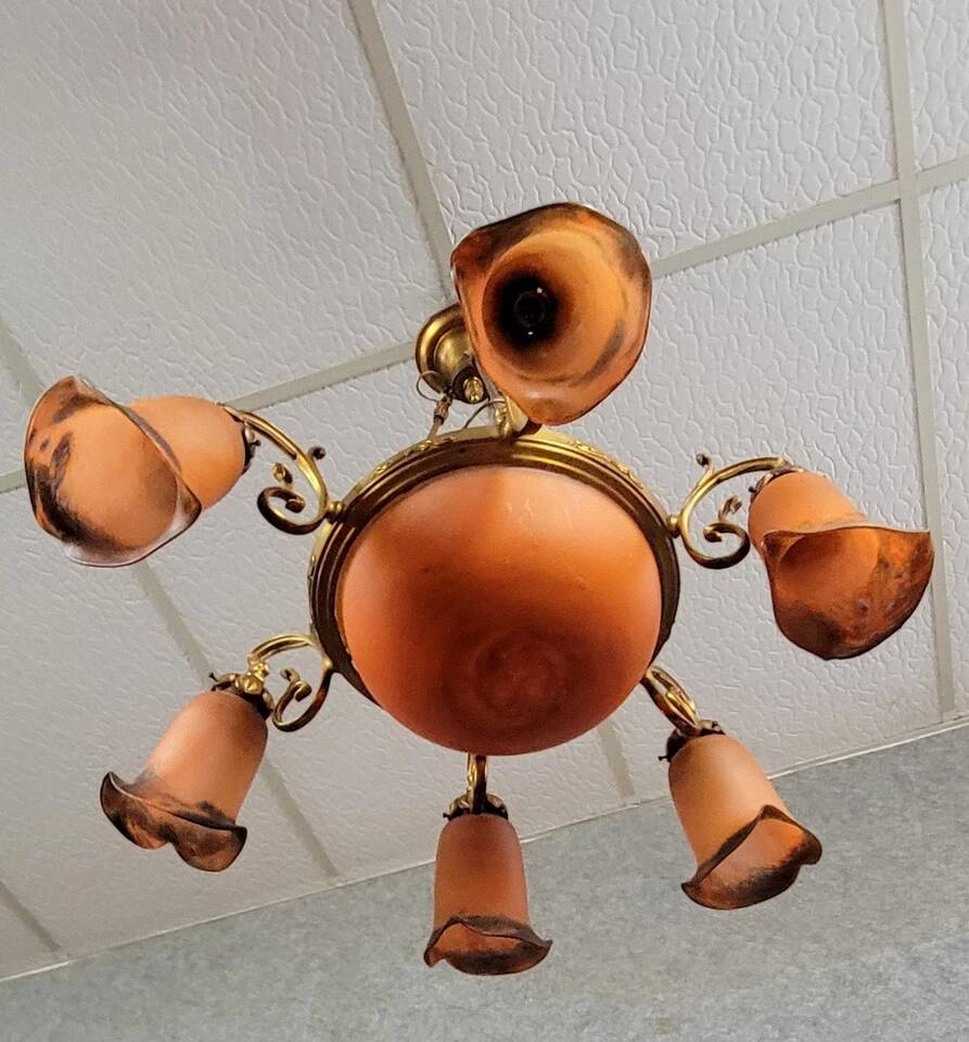 After Muller: Art Nouveau style chandelier in brass, bronze and glass paste