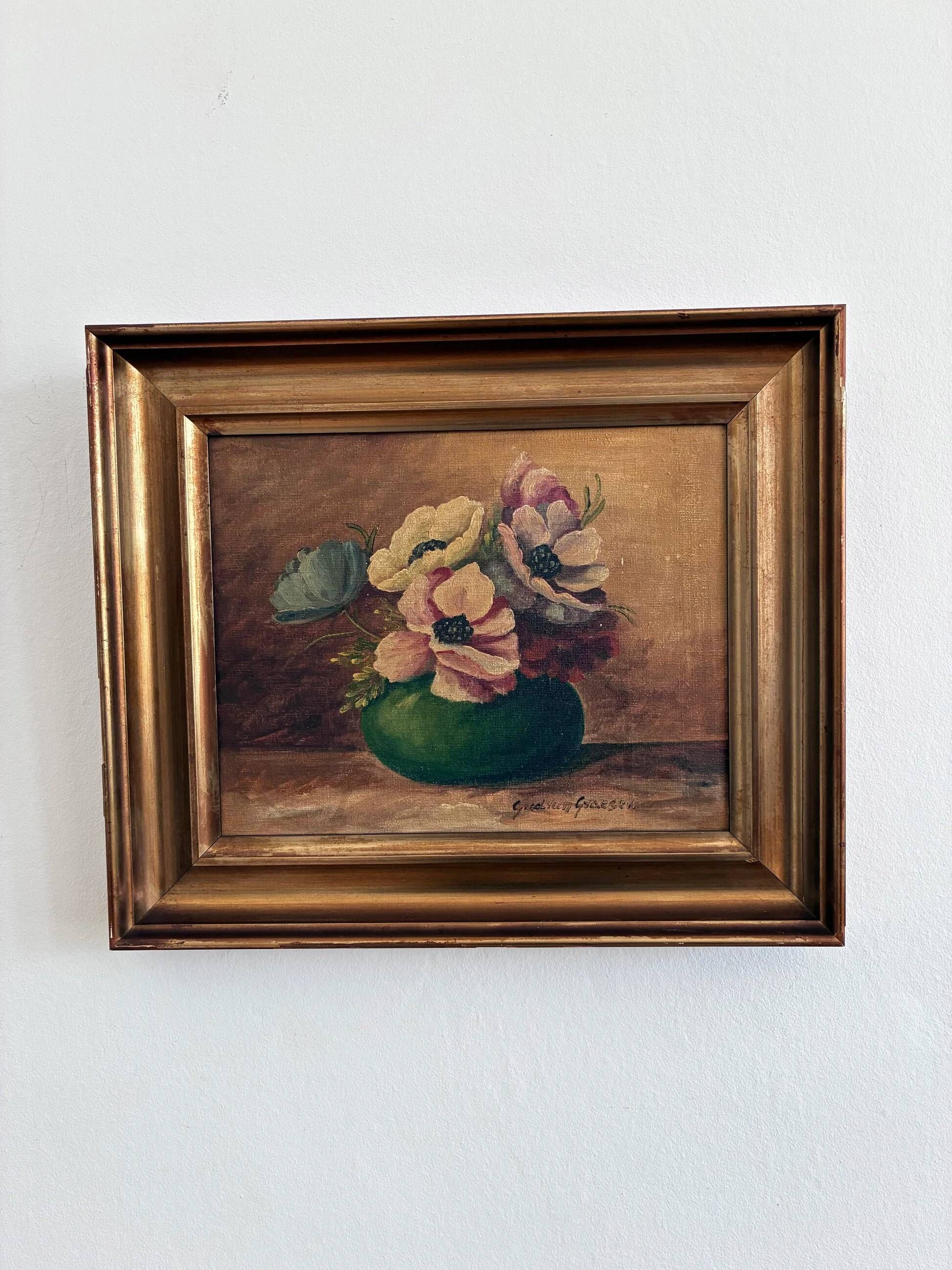 Vintage original floral oil painting, signed flower art