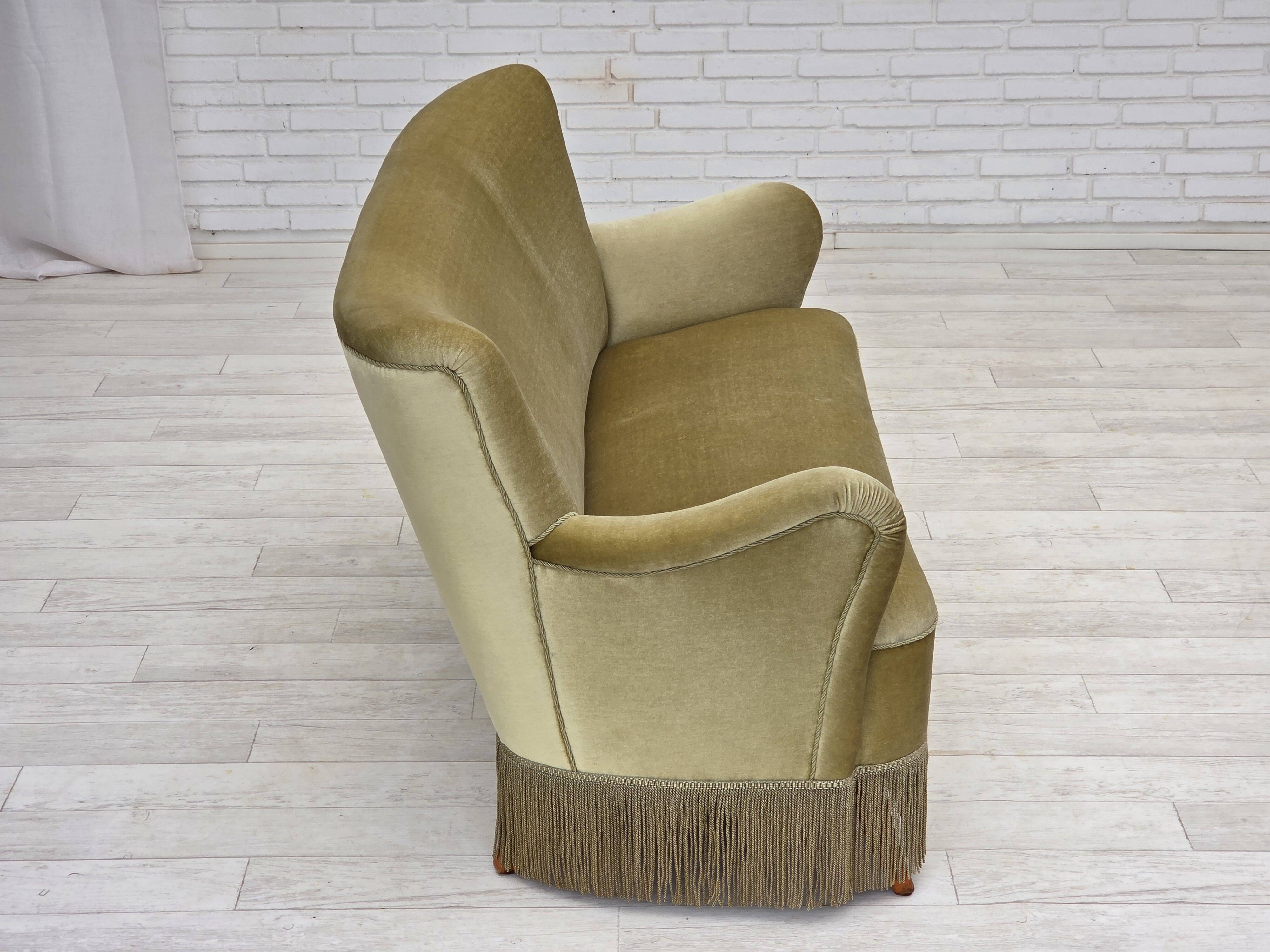 1960s, Danish 2-seater sofa, green furniture velour, beech wood legs.