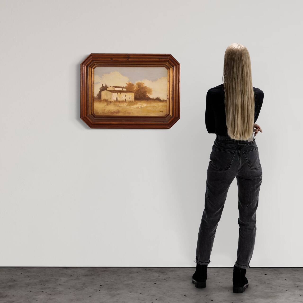 Signed painting landscape with a small house from the 20th century