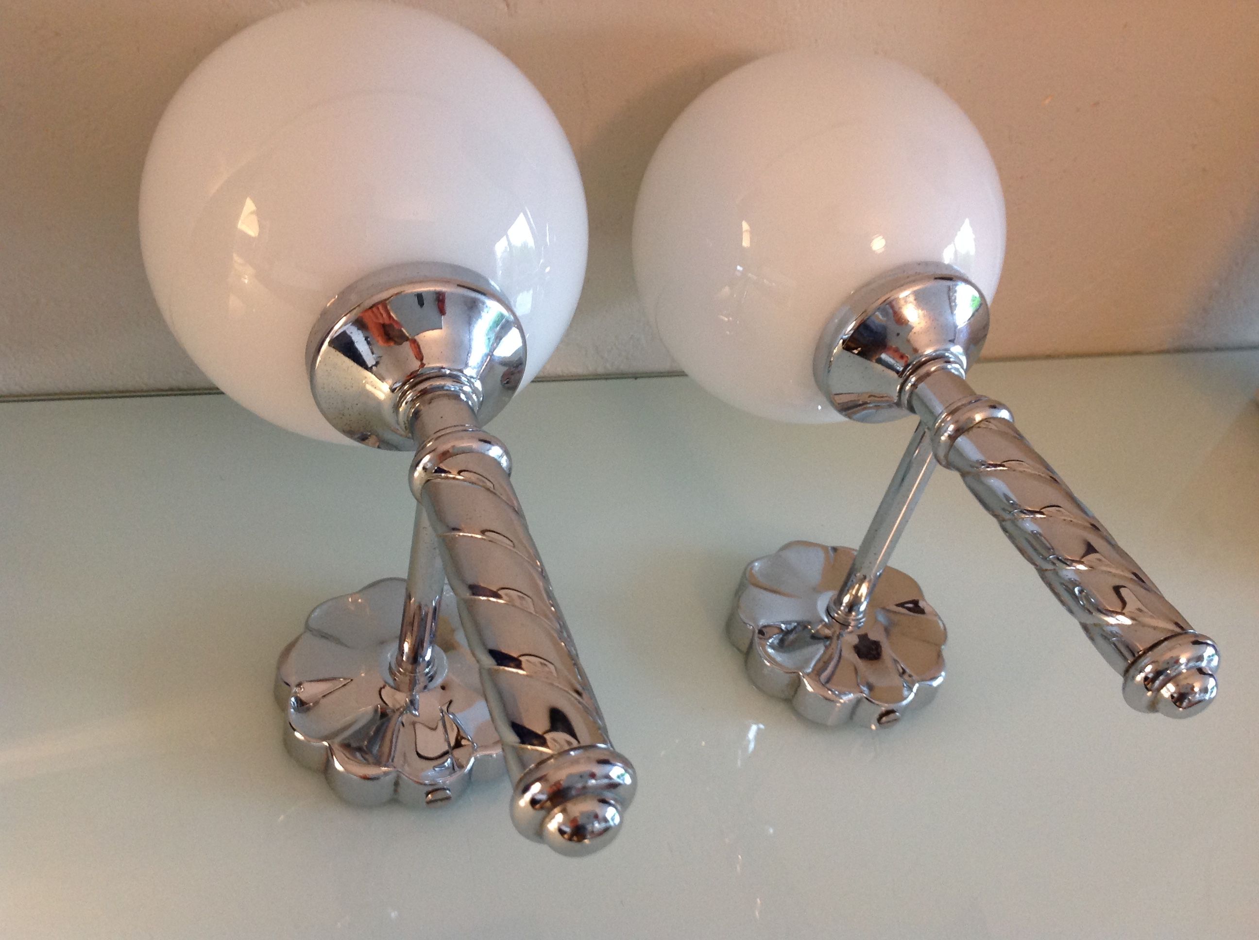 Pair of globe wall lamps in white opaline and chrome/vintage metal 70s