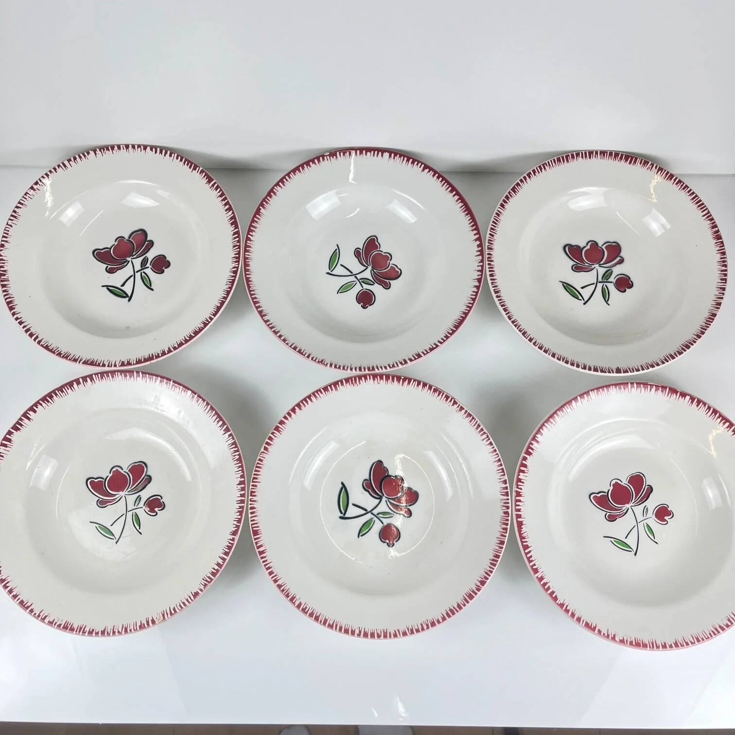 Set of 6 porcelain soup plates, Badonviller, red flower, 1950