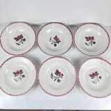 Set of 6 porcelain soup plates, Badonviller, red flower, 1950