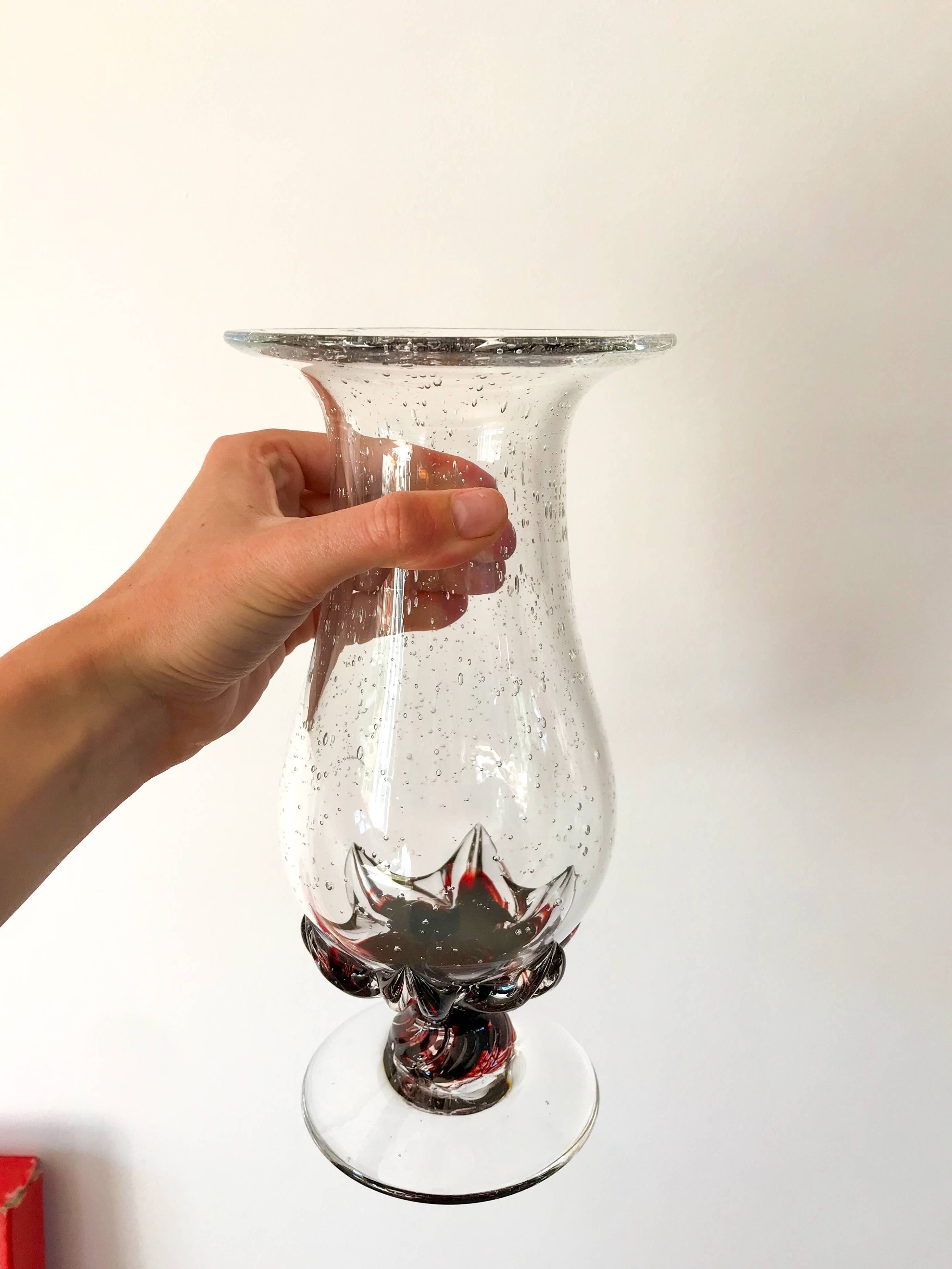 large bubbled glass vase and worked foot Biot style 70s