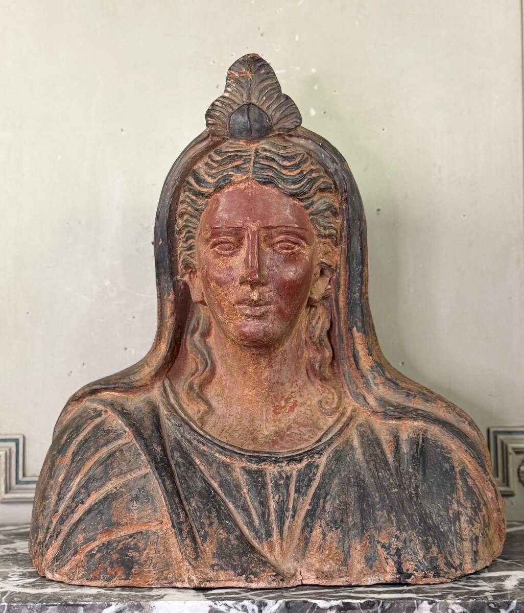Etruscan-style terracotta bust, large-scale object, 19th century