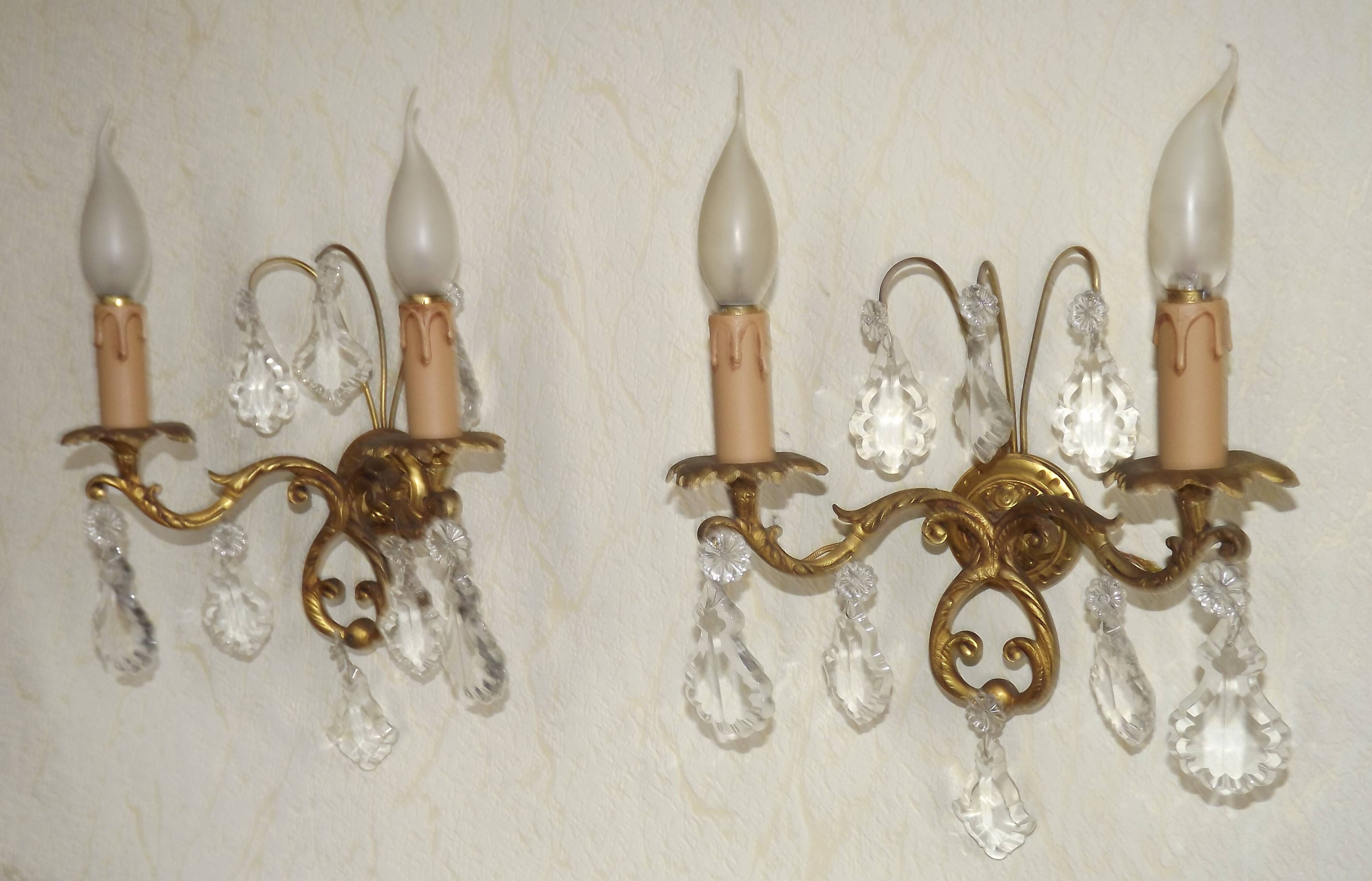 Pair of French Vintage Bronze Double Wall Lights Assorted Crystals 5331