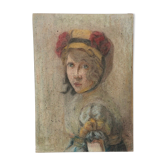 Portrait pastel sur carton 1900 jeune fille au bonnet jaune