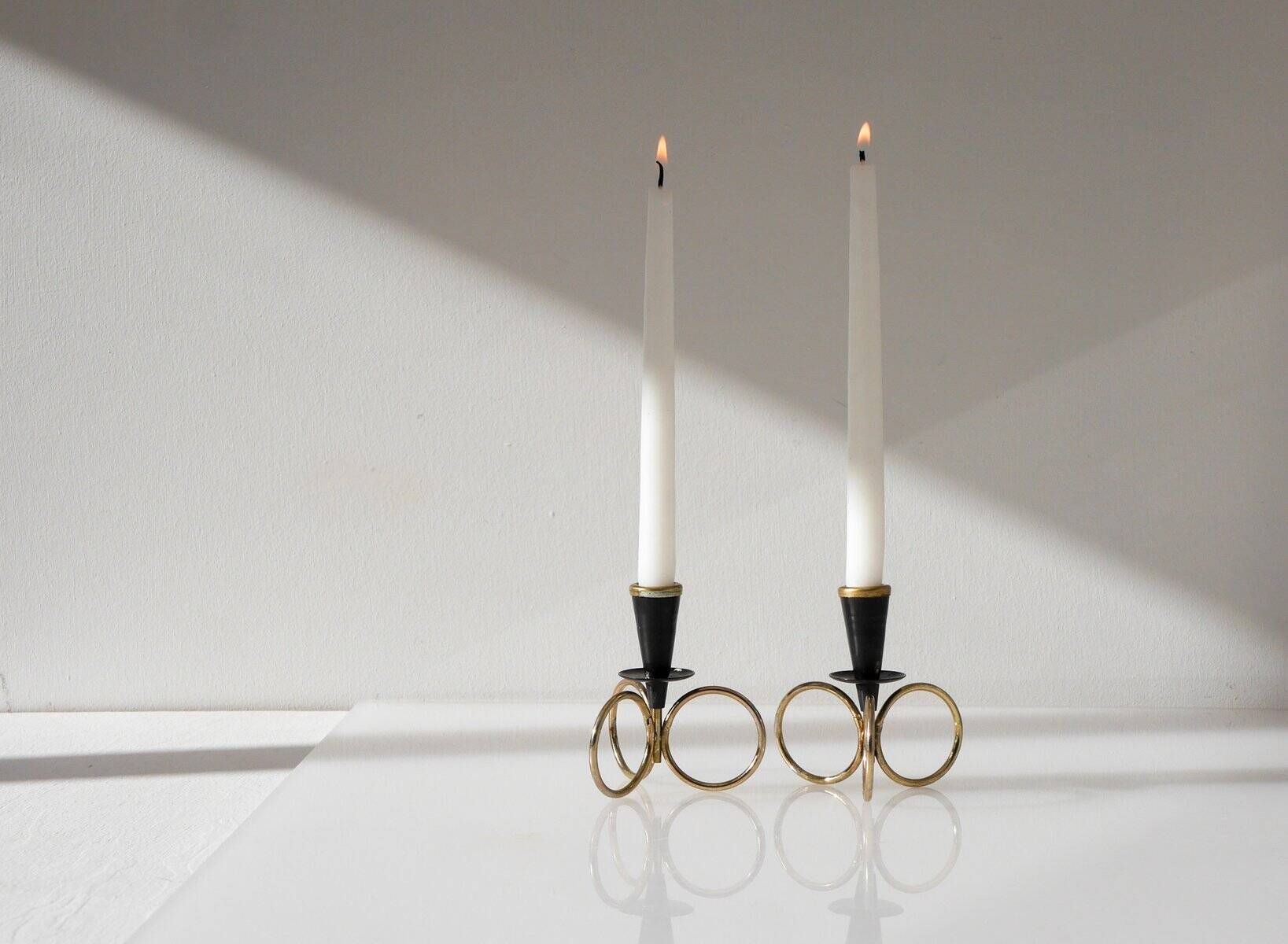Mid-century modern metal candlestick holders by Gunnar Ander for Ystad Metal, Sweden, set of 2