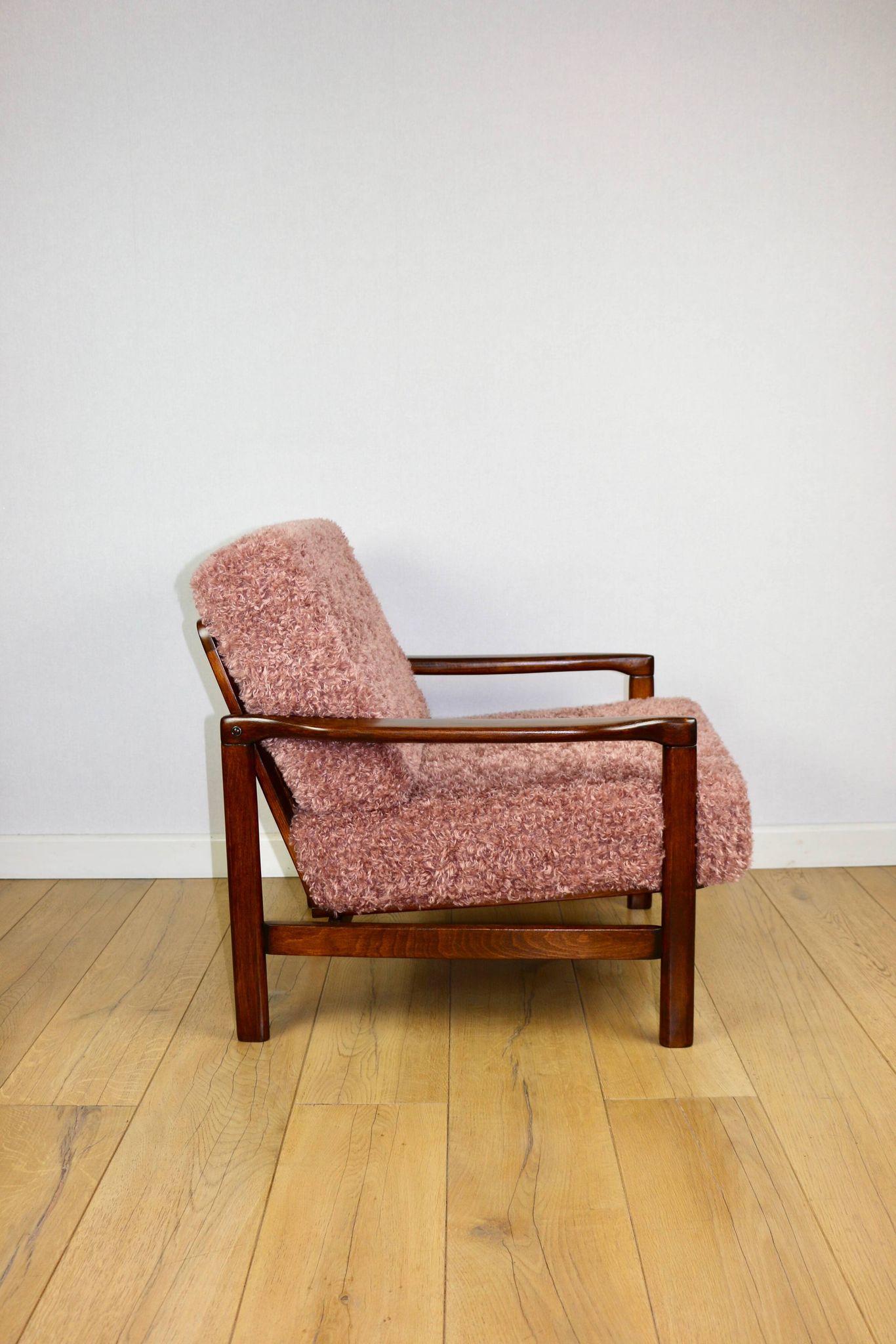 Wooden vintage brown armchair pink long hair proj. Z. Bączyk - 2 pieces available