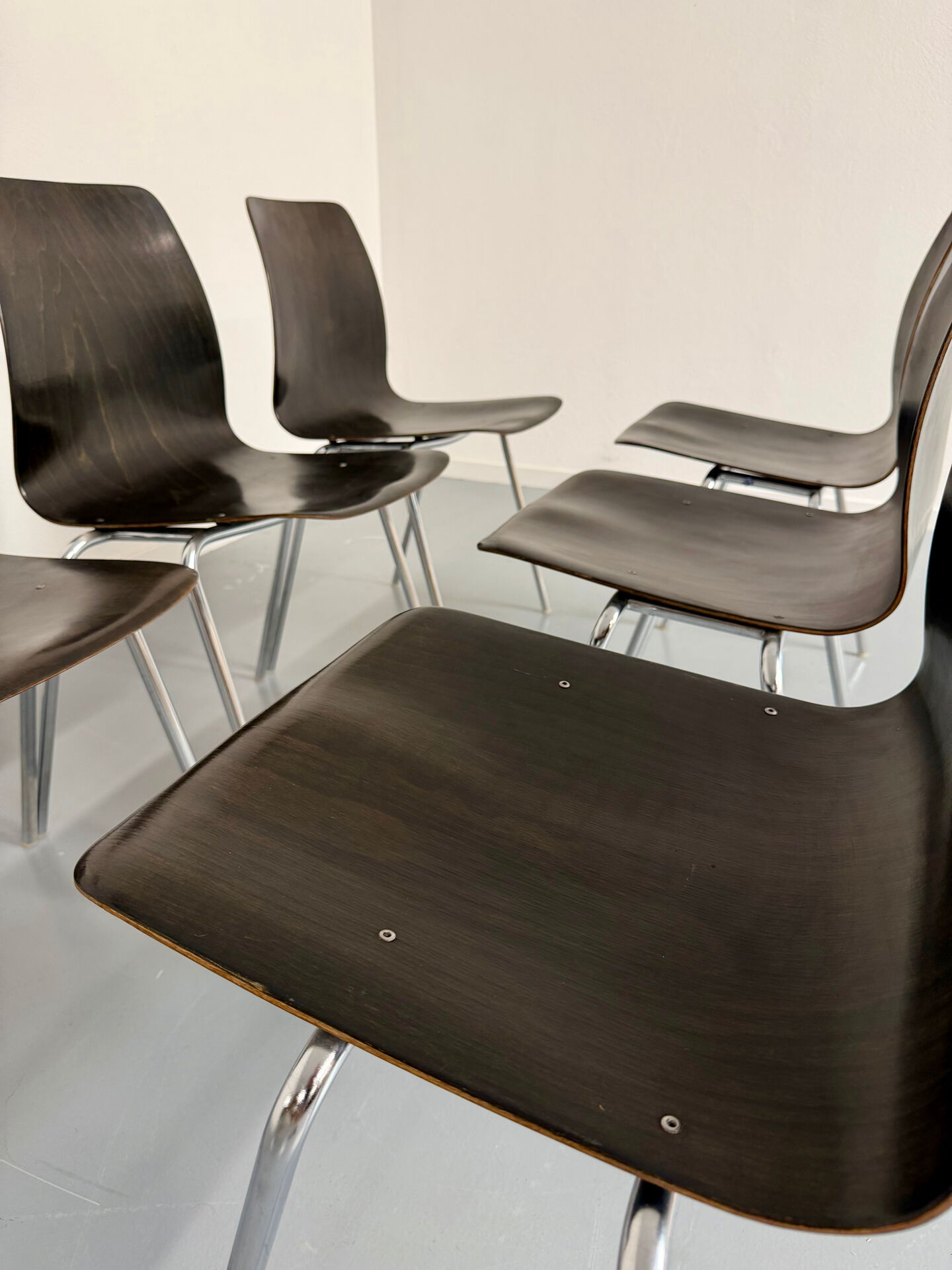 Set of 6 wooden and chrome chairs, Pagholz design from the 80s, vintage Pagwood.
