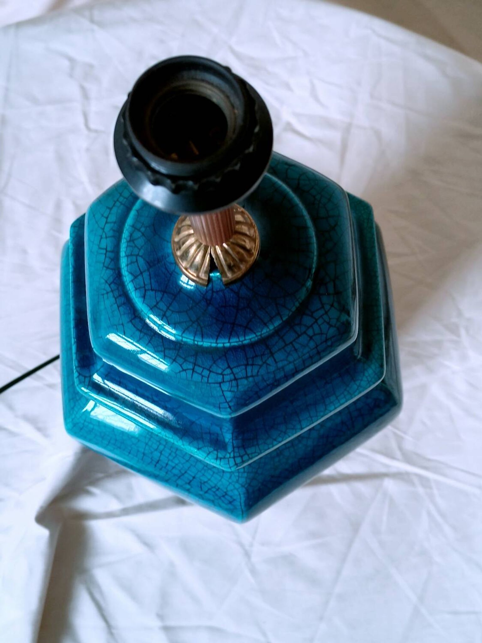 2 blue crackle ceramic desk lamp bases, 1950s