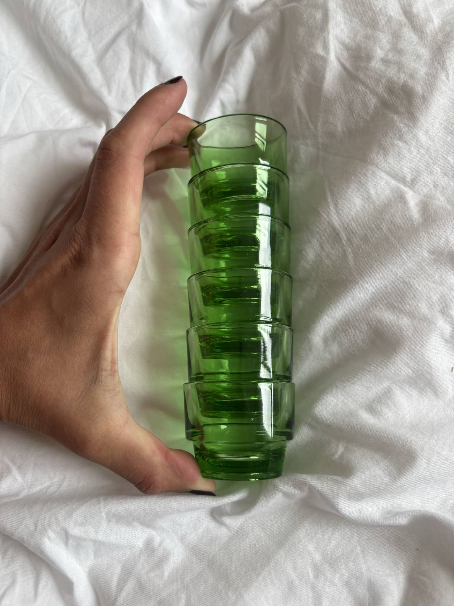Lot of 6 vintage green glass egg cups from the 1970s.