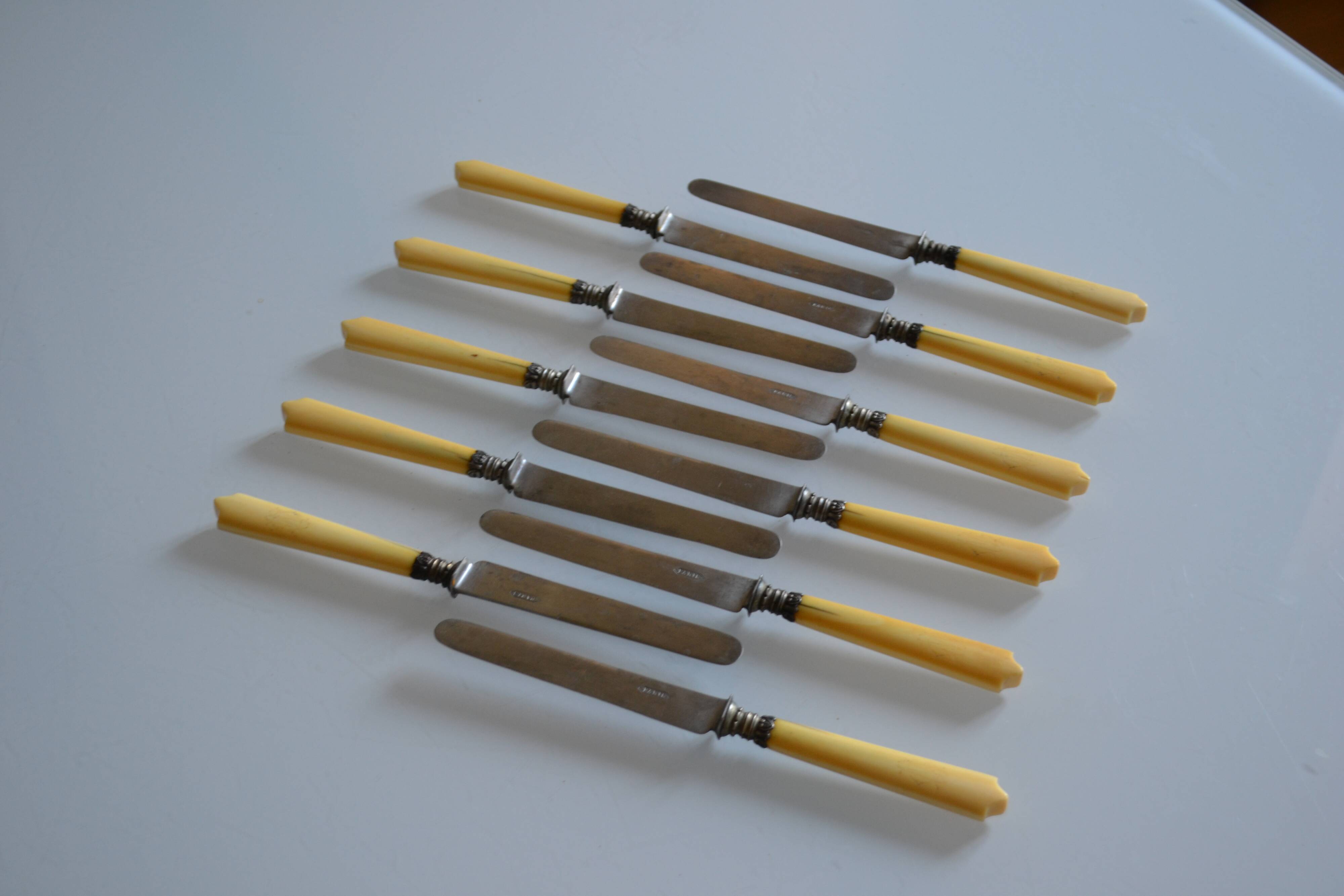 11 antique dessert knives from the 19th century with ivory-colored handles and a monogram