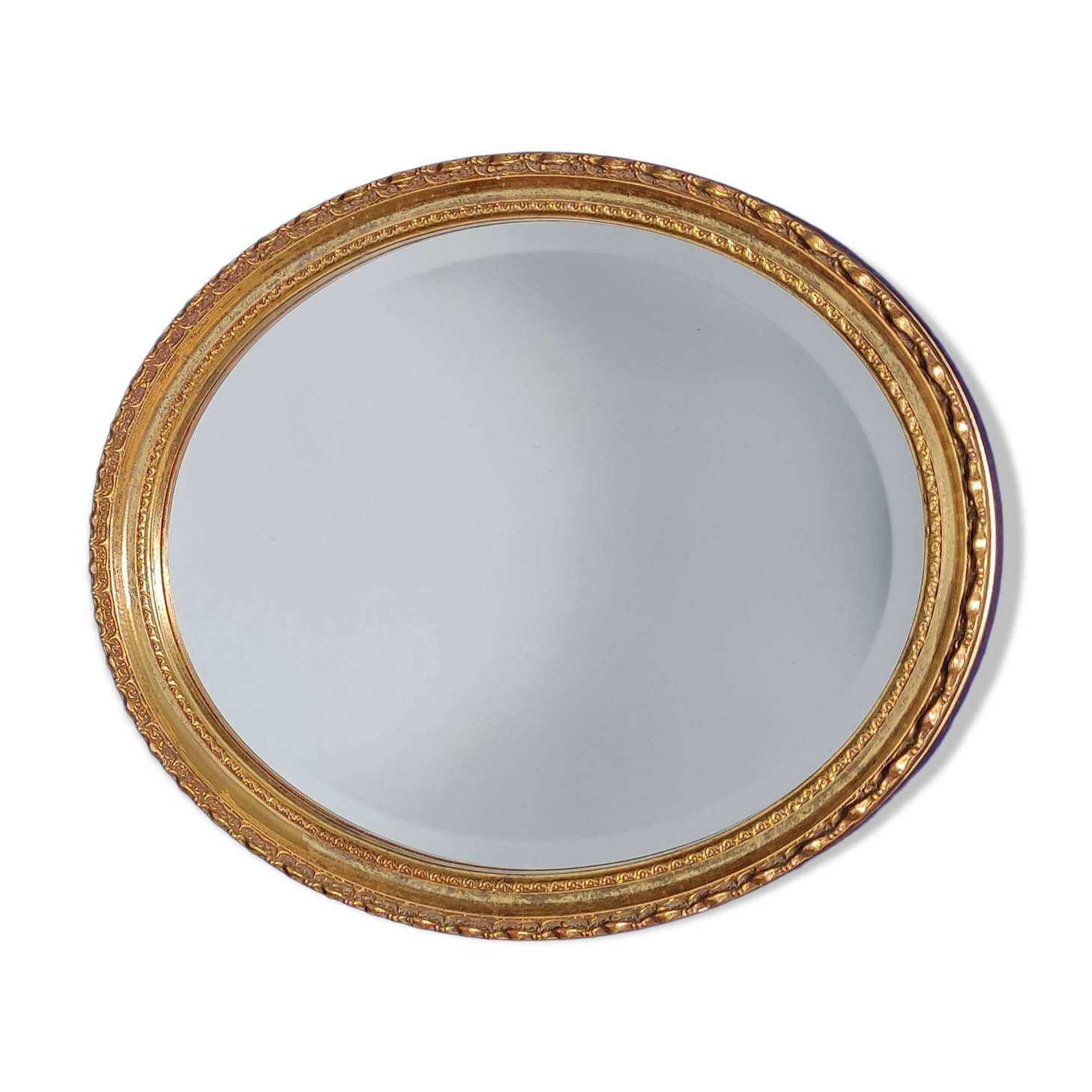 Vintage Wall-Hanging Oval Bevelled Mirror with Distressed Gold Gilt Frame