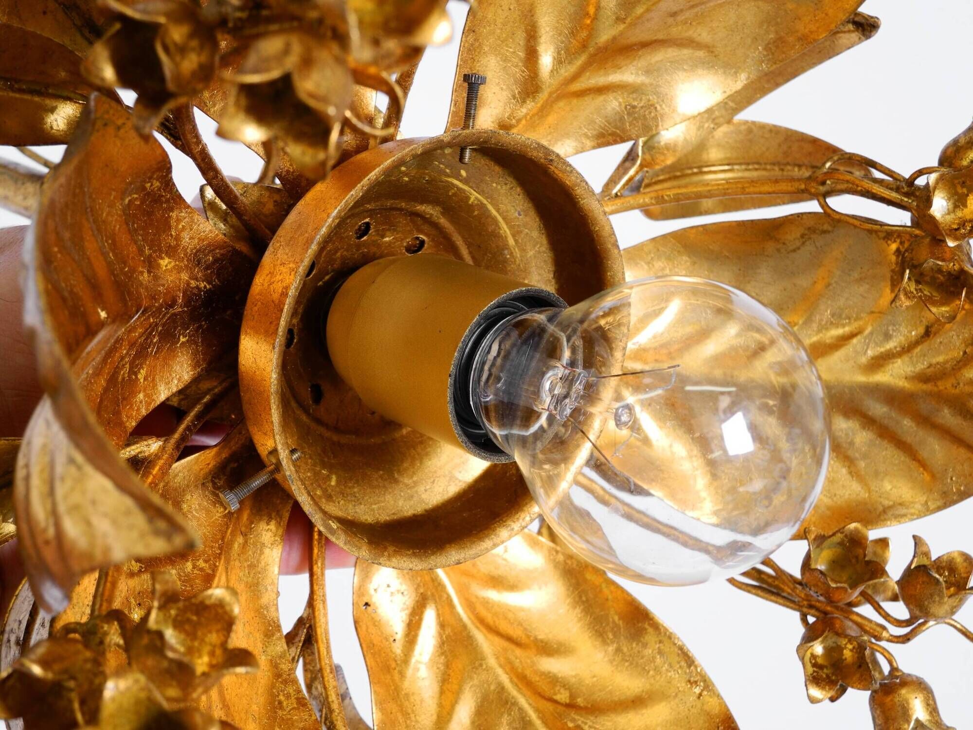 1970s gold-plated metal pendant lamp with a glass sphere by Hans Kögl