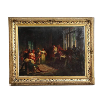Ancient painting on a historical subject, oil on canvas, Italy 19th century.