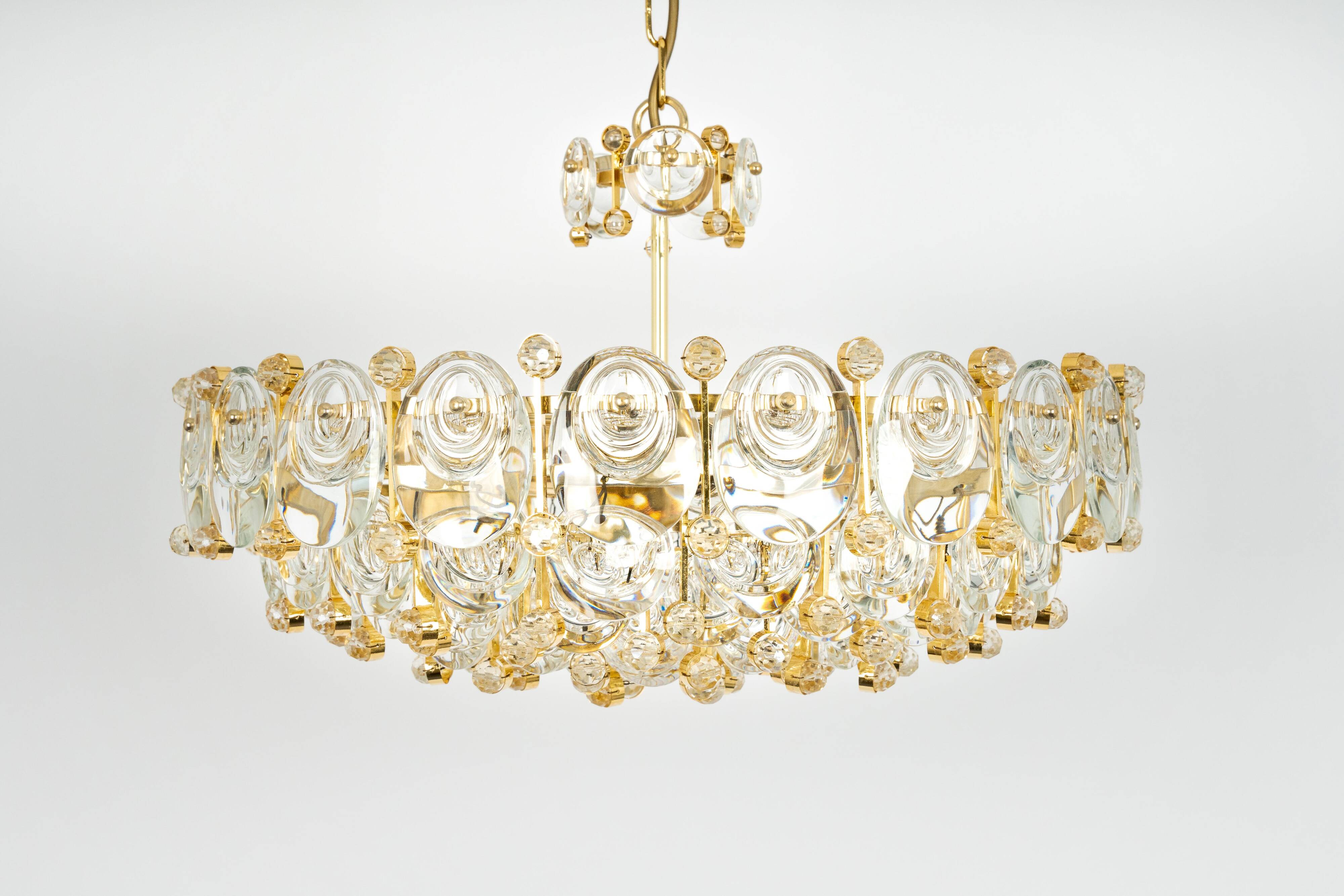 Brass and crystal chandelier, Sciolari design by Palwa, Germany, 1970s.