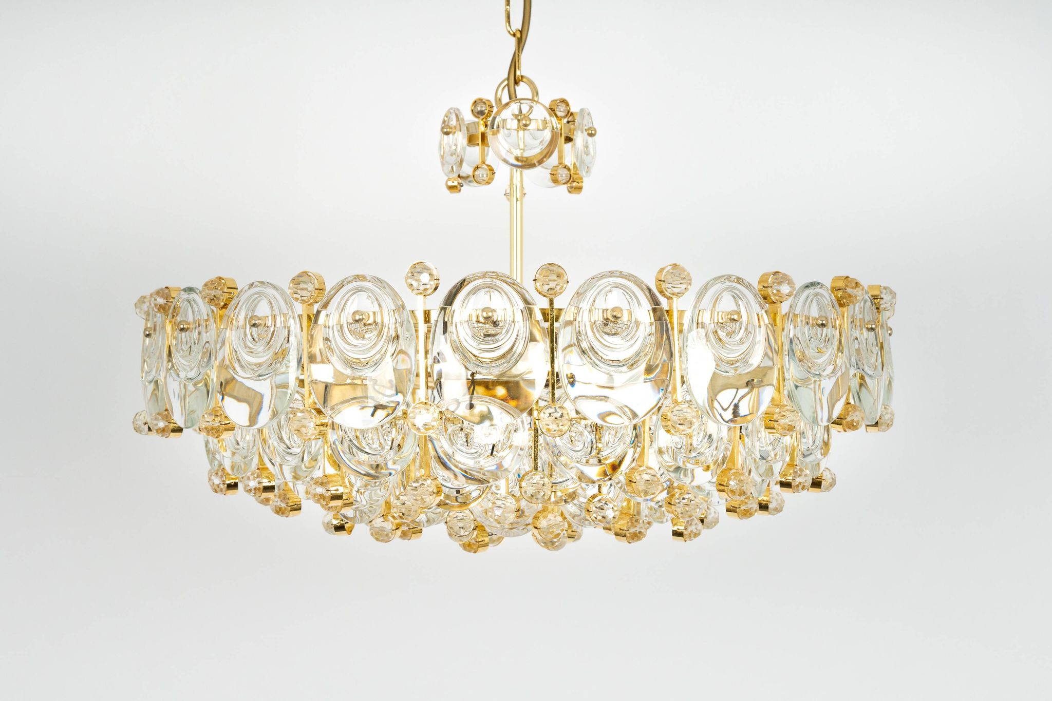 Brass and crystal chandelier, Sciolari design by Palwa, Germany, 1970s.