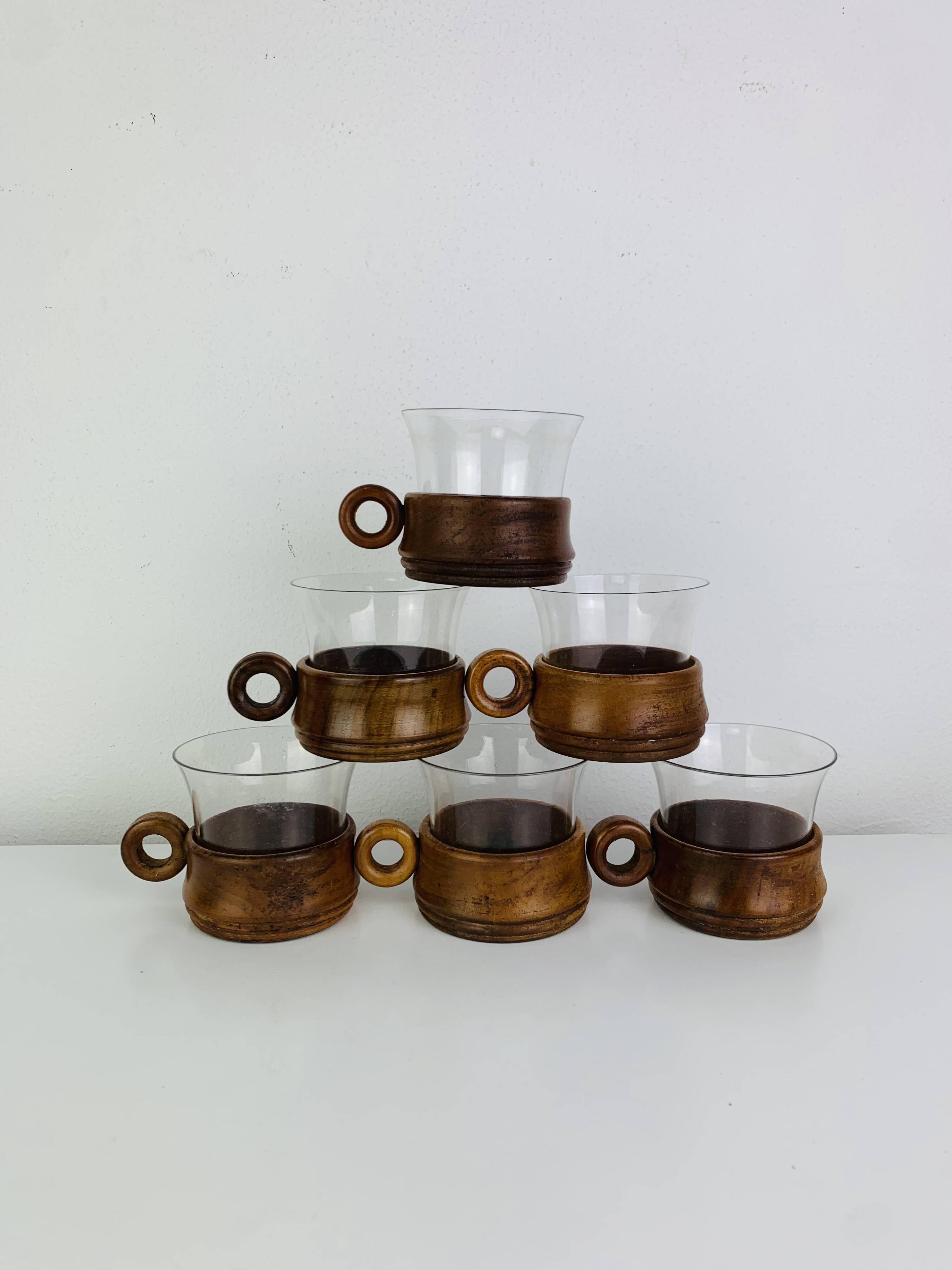 6 glass and teak cups in Scandinavian style, 1960s