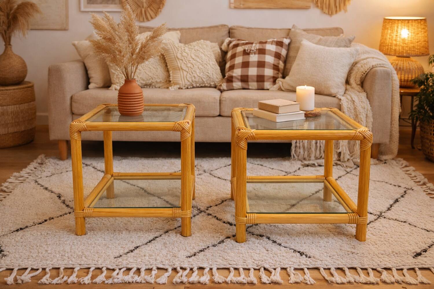 Pair of rattan and glass side tables – 1970s vintage style