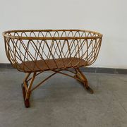 Vintage rattan and wicker cradle on legs, 1970s, Europe