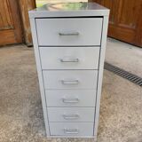 Grey metal industrial chest of drawers, 6 compact drawers, 1980s, utilitarian style.