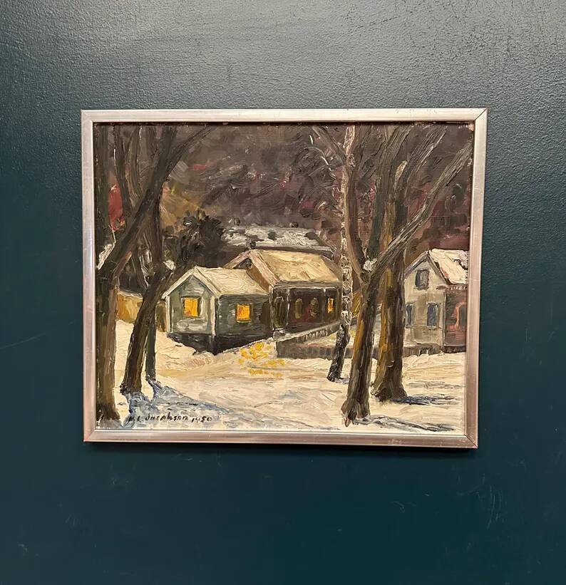 Original Swedish Oil on Panel – “Winter Landscape with House” by M. L. Jacobson – Signed – Vintage & Framed – 48 × 41 cm (18.9" × 16.1")