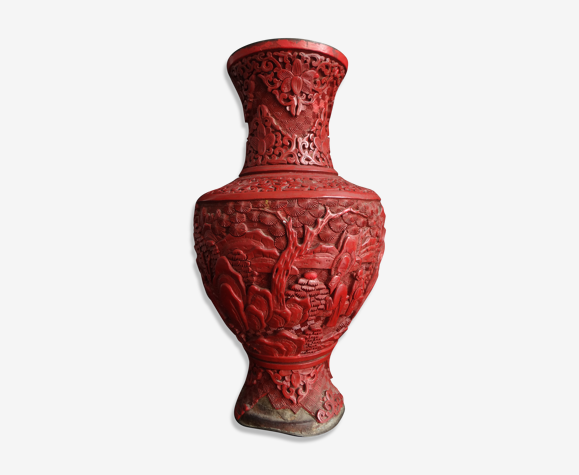 Ancien vase chinois en laque cinabre 26cm décor de personnages Chine vers 1900