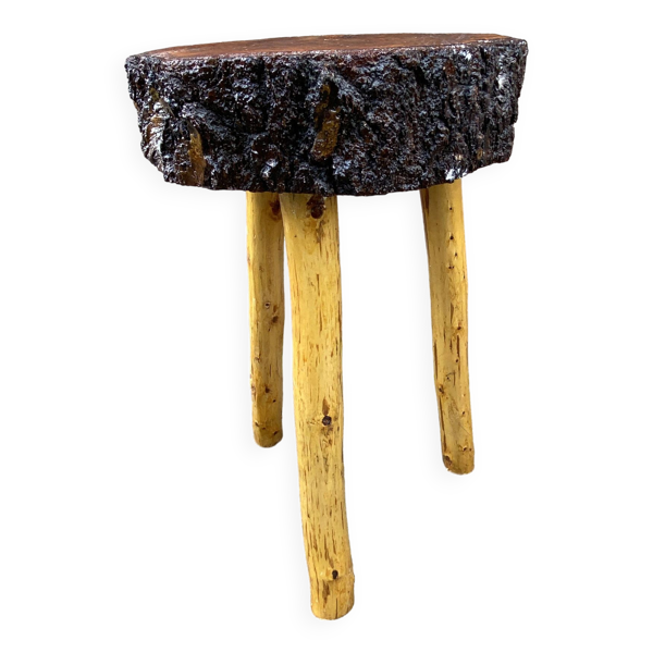 Tabouret de ferme rustique 1960 brutaliste en bois vintage