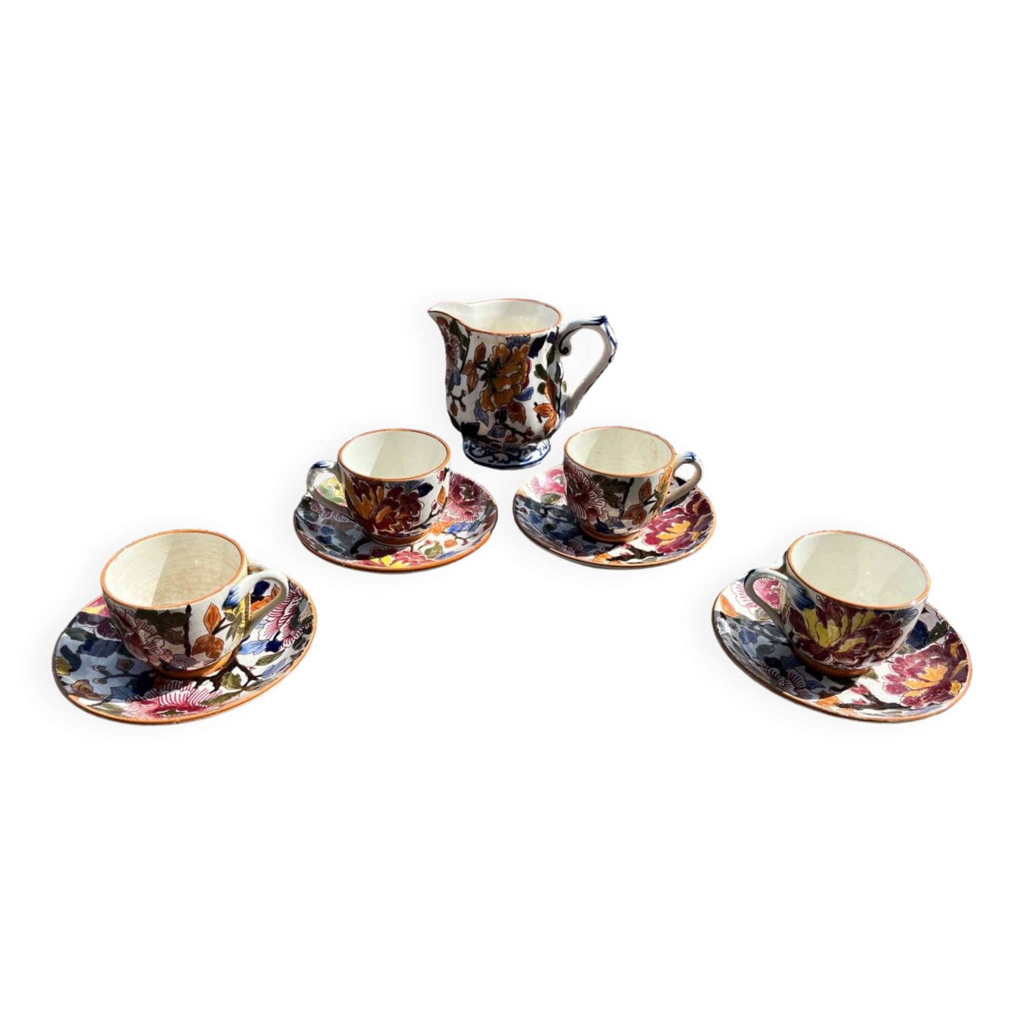 Set of 4 coffee cups and saucers + milk pitcher Gien earthenware peony decor