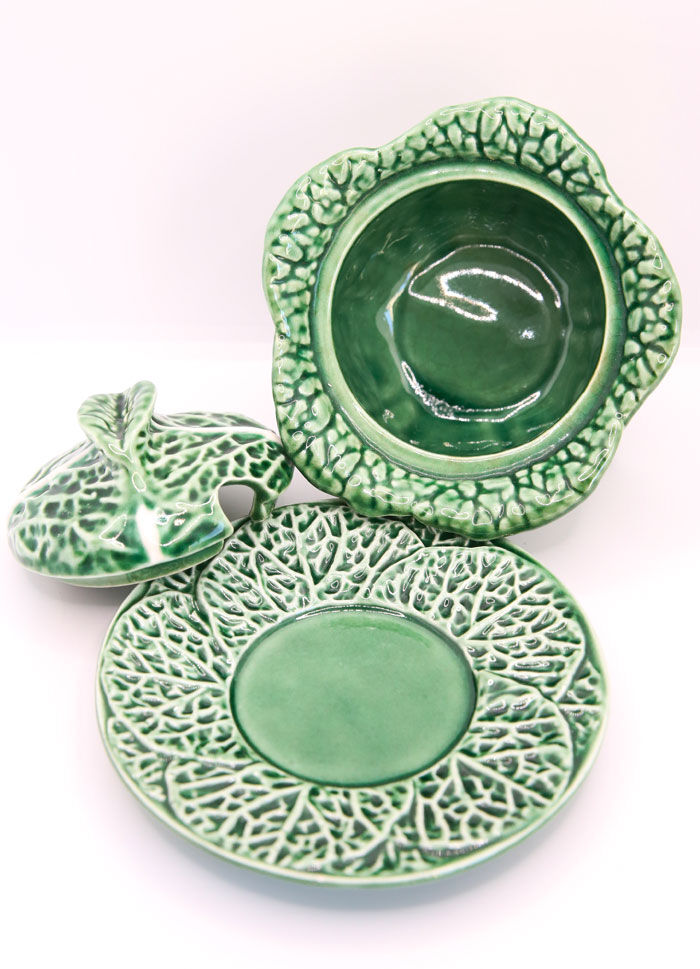 Mustard or sugar bowl from Portugal in green slurry like cabbage leaves