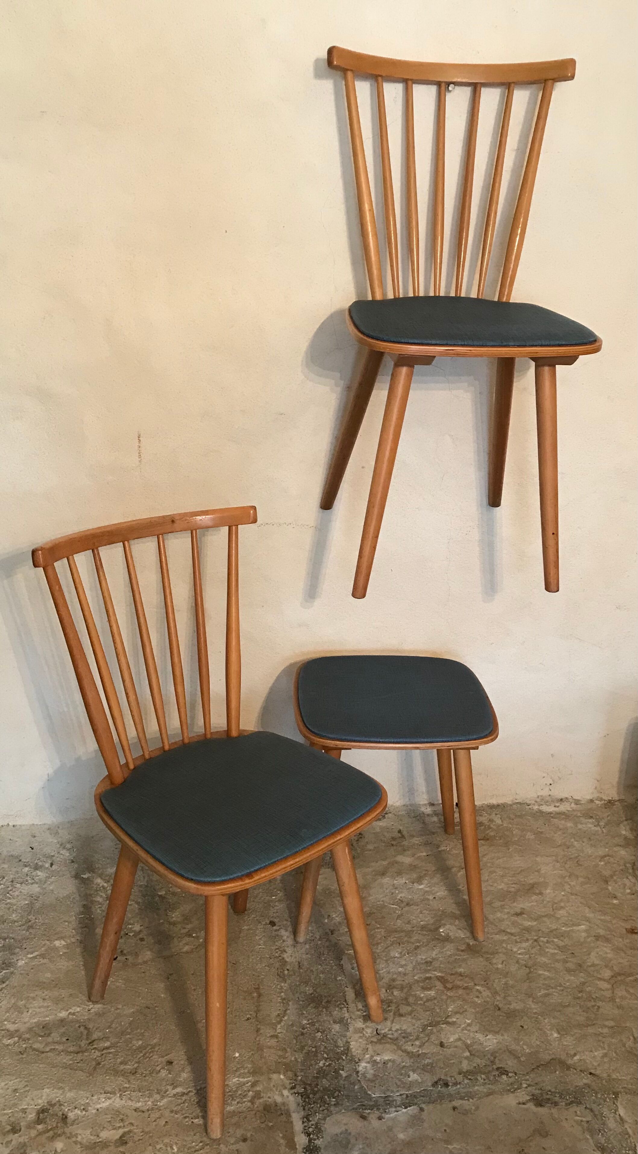 Set of 2 chairs with bars and a stool vintage compass feet 1960's