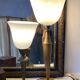 Large Art Deco lamp in Mazda style made of turned wood and opaline.