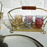 Service à liqueur laiton et verres multi-color présentoir doré Mid-Century années 1950-60