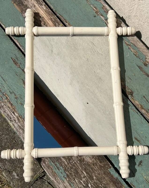 Vintage wooden turned mirror, white, rectangular, 1940s.