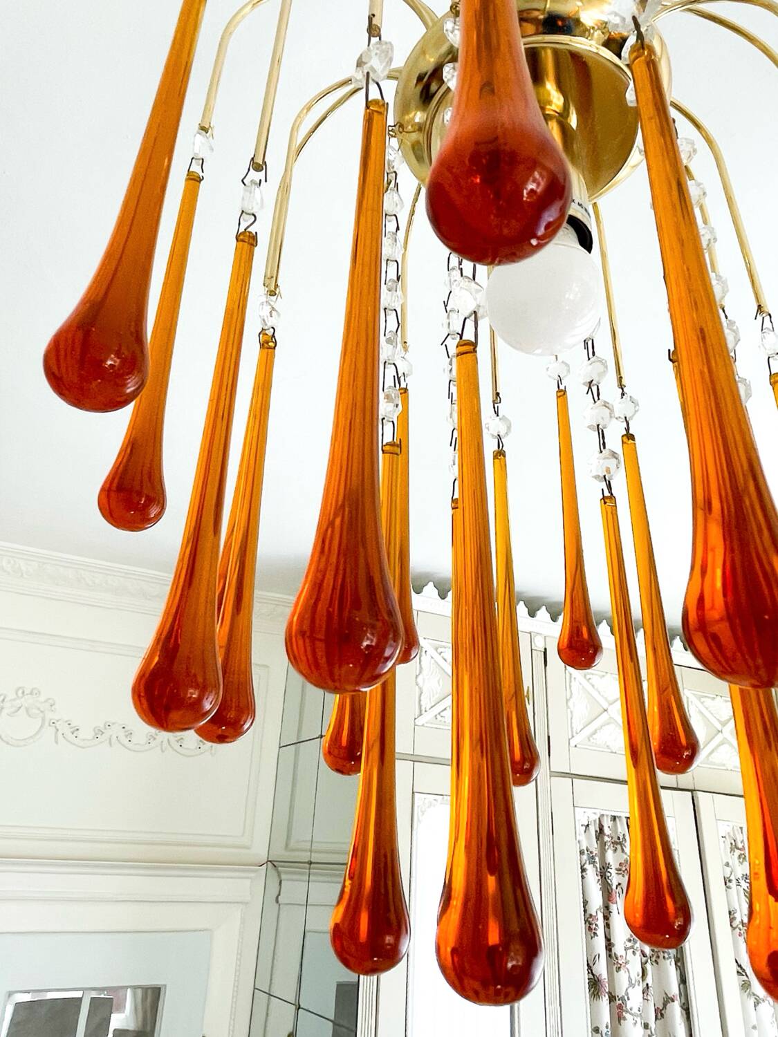 Lustre cascade vintage |  26 gouttes en verre ambré