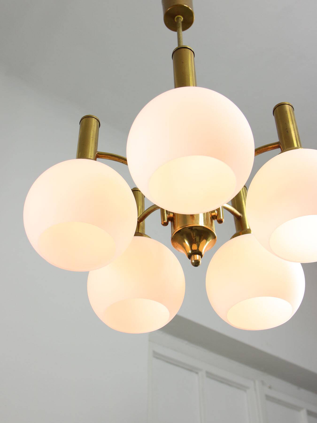 Mid-century Italian Brass and Opaline Chandelier