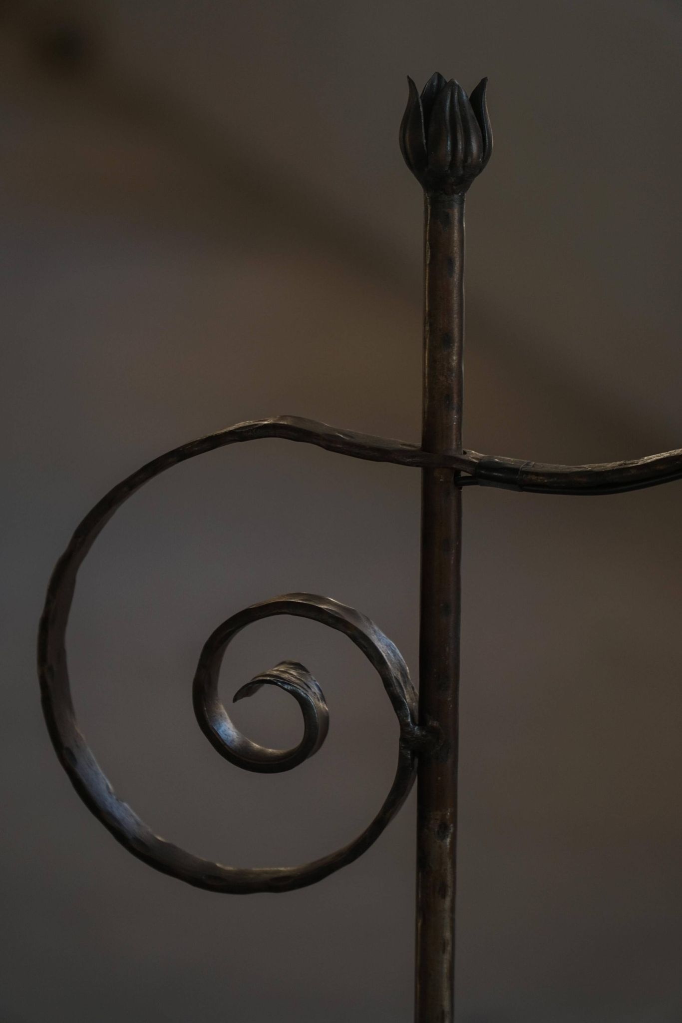 20th-century wrought iron floor lamp with swirling detail, Danish Art Deco.