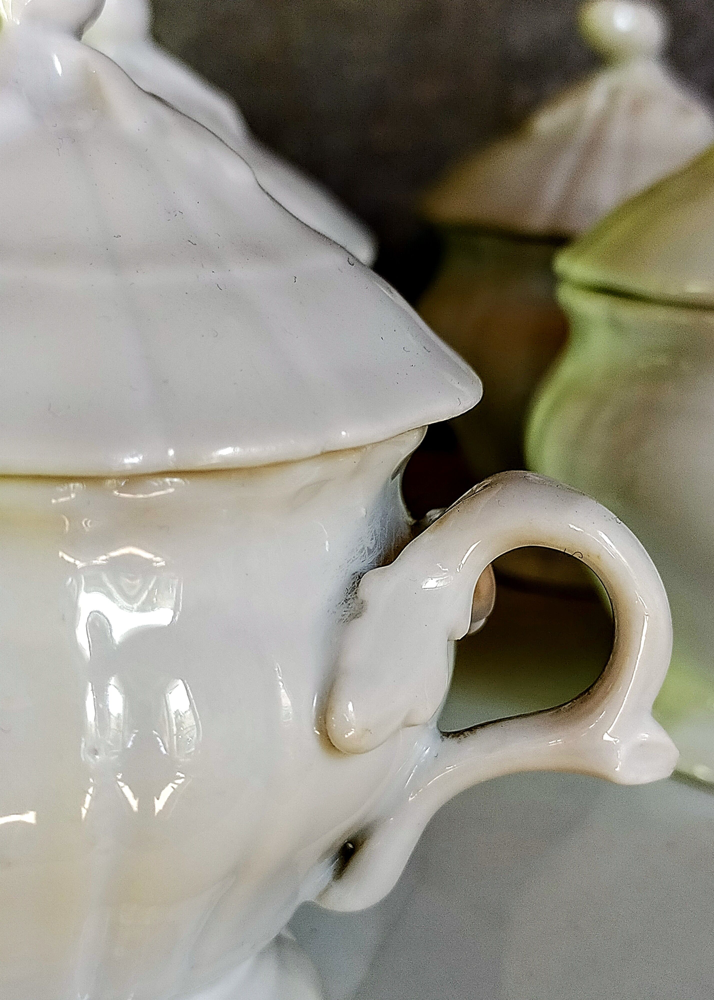 Set of seven covered pots and tray old white slurry nineteenth