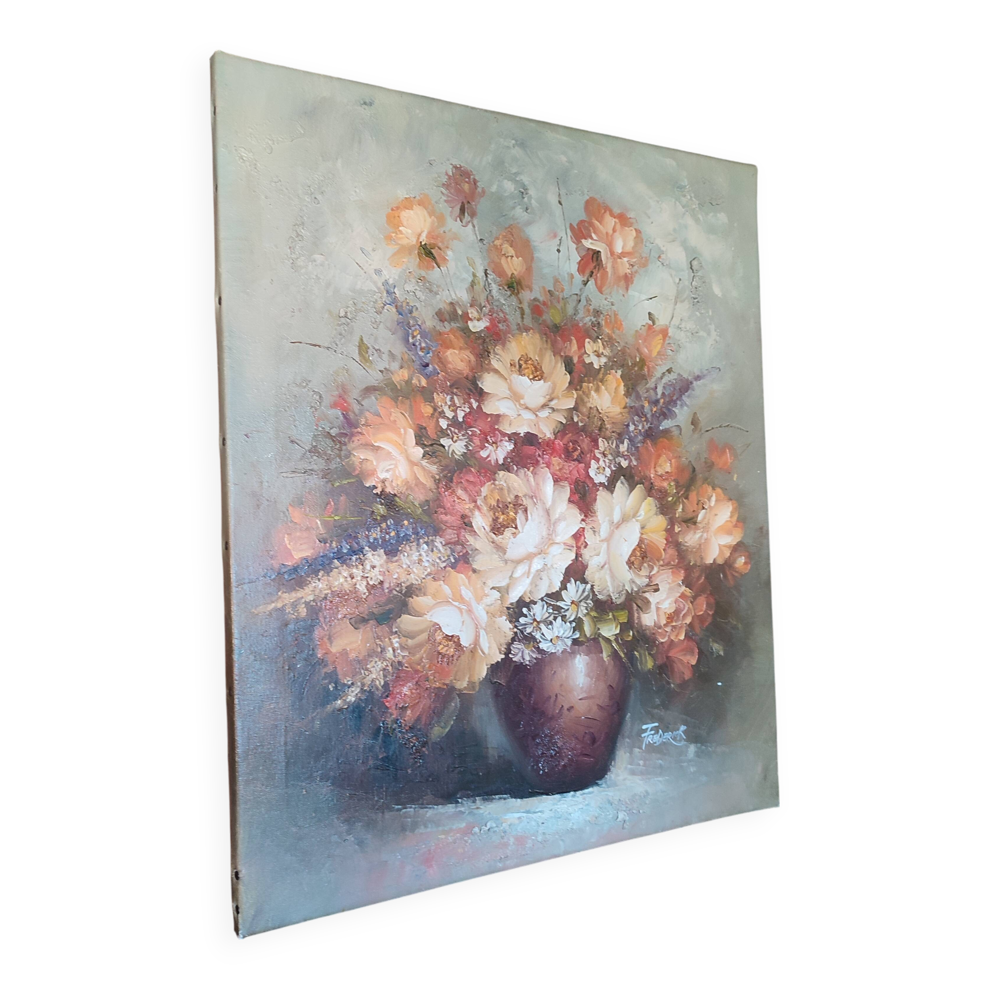 Bouquet de fleurs : Tableau ancien huile sur toile