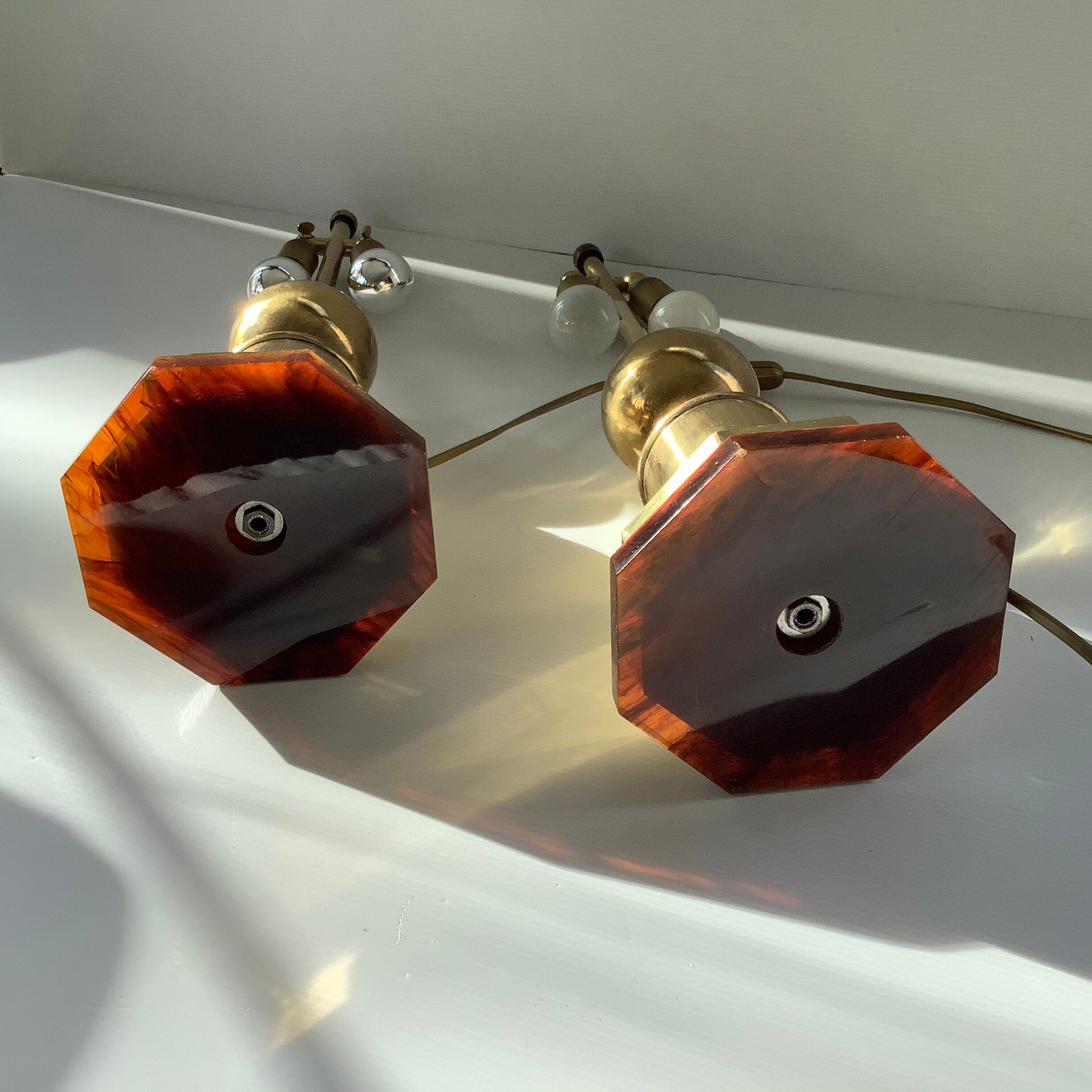 Pair of 2 Vintage Chic Articulated Brass Bakelite Amber Ball Lamps