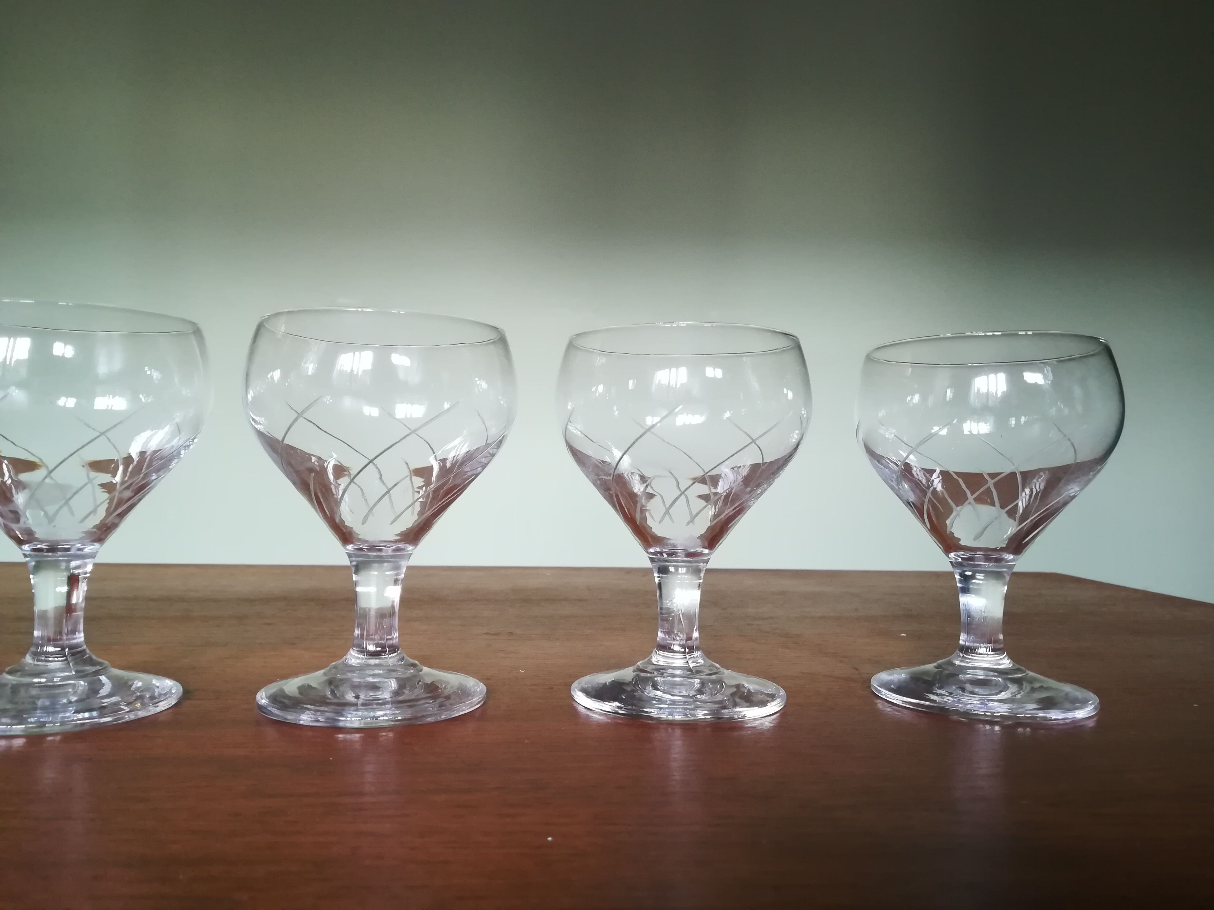 Five engraved vintage glasses white wine or aperitif glasses